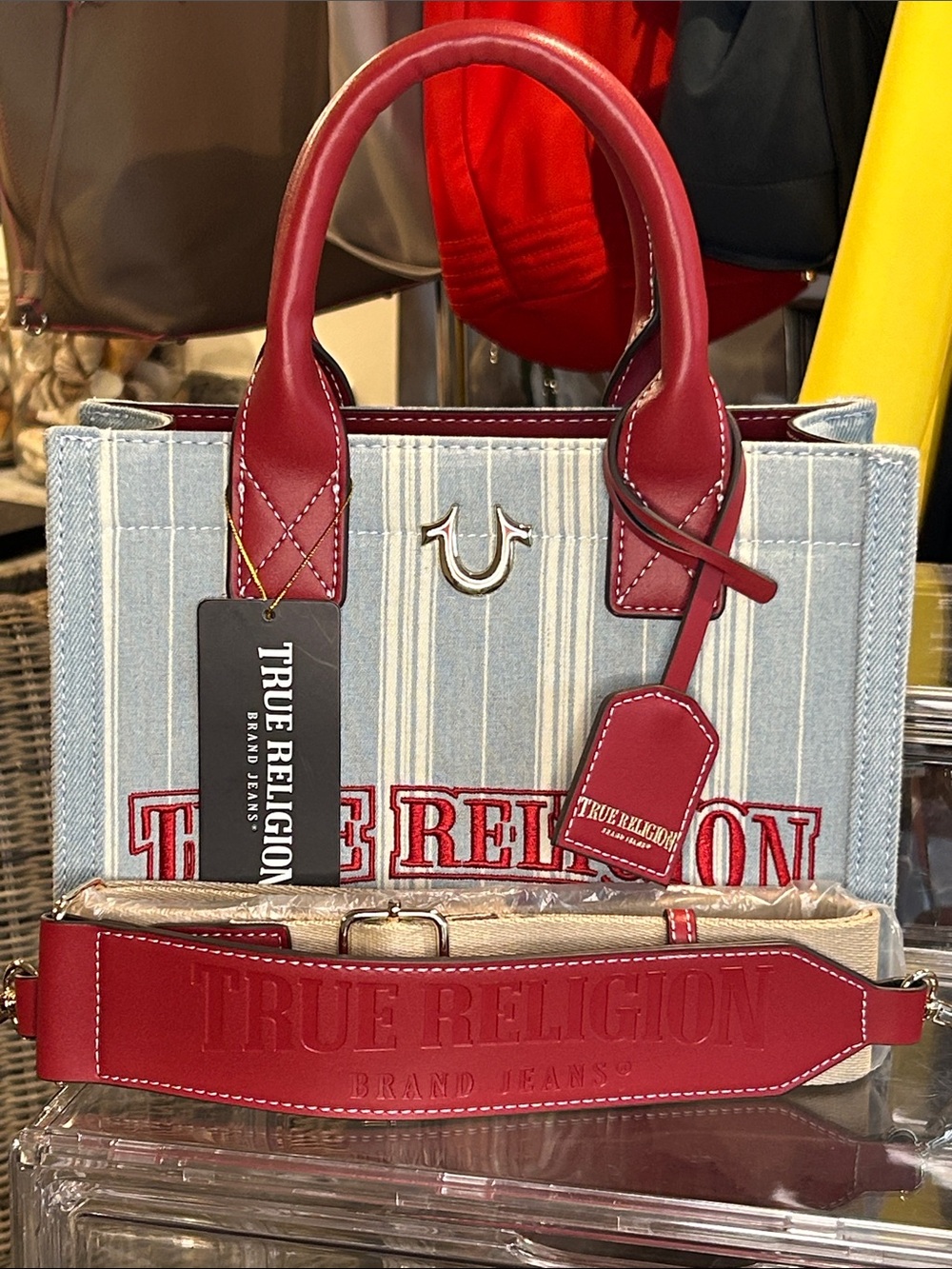 True Religion blue striped denim tote/ red leather trim 10.25”x 4.25”x 7.5” NWT - Picture 4 of 9